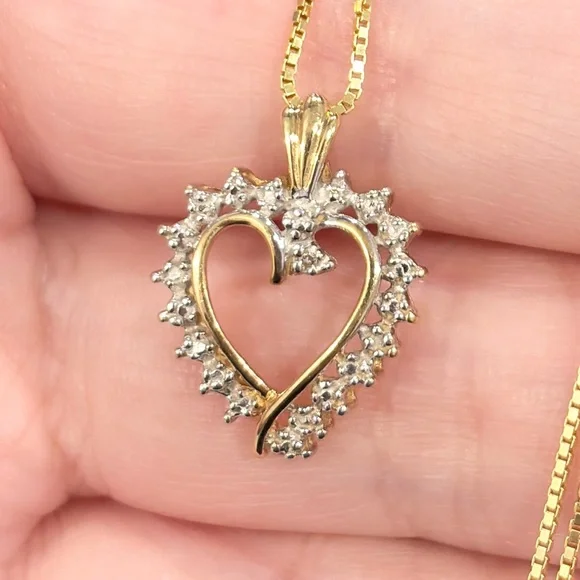 Vintage 10K Gold Open Heart Diamond Pendant: Dainty Feminine Charm - Picture 1 of 12